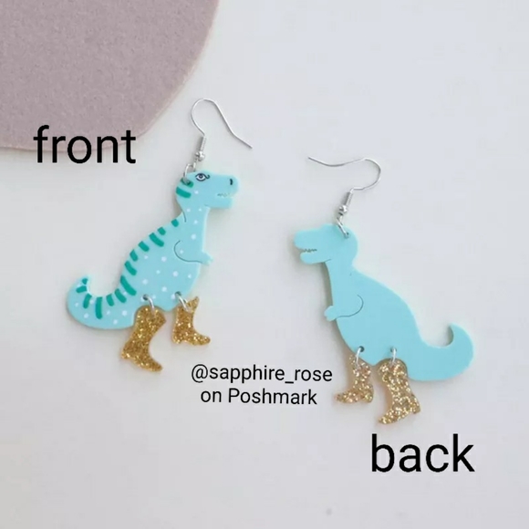 Adorable Blue T Rex Dinosaur in Glittery Boots Women's Earrings Acrylic Jewelry - Picture 4 of 4